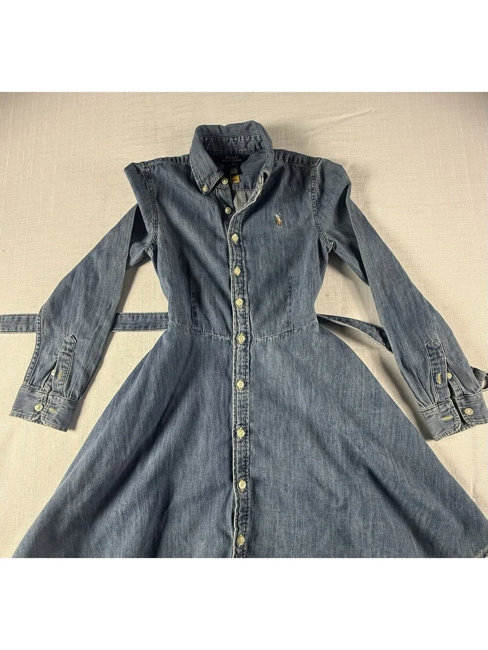 Polo Ralph Lauren Girls Denim Shirt Dress Belted Blue  Pony Logo  Size 10
